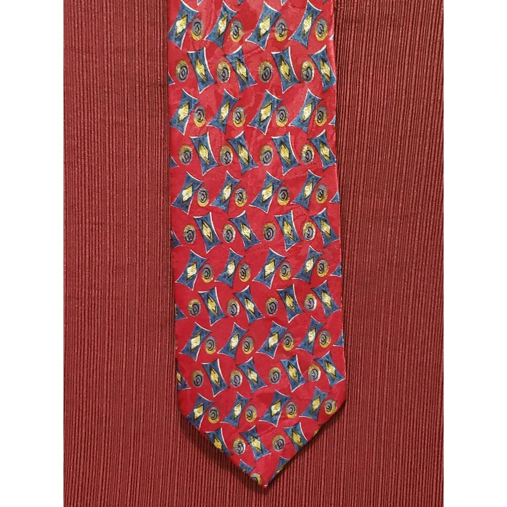 Vintage Oleg Cassini Polyester Necktie  Blue and Gold Geometric Red Fashion